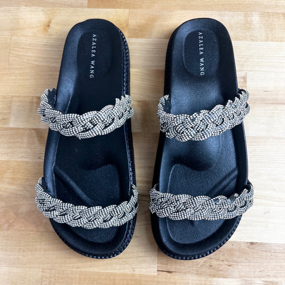 Azalea Wang Rhinestone Braided‎ Strap Black Slide Sandals Women's Size 9